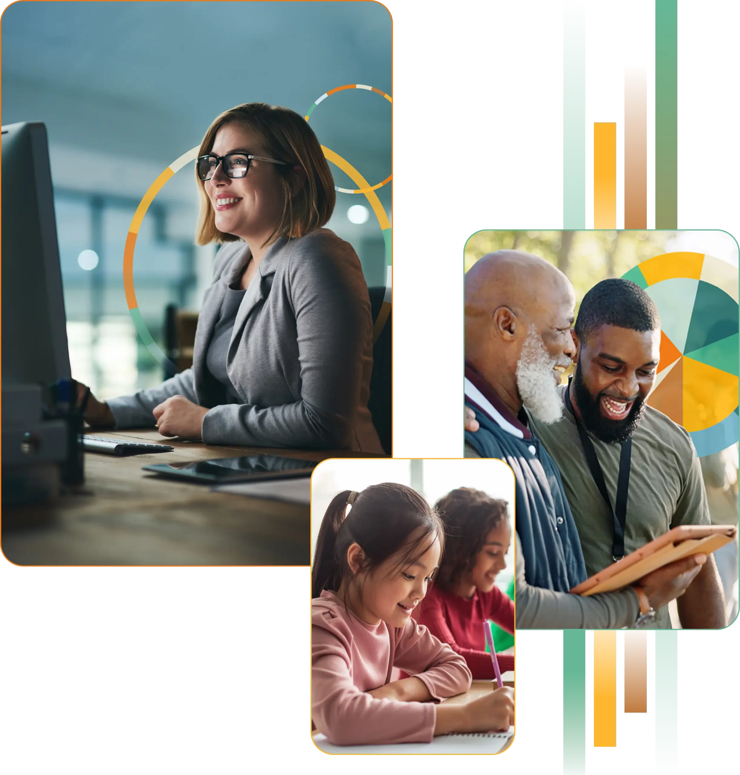 Collage showing people using data and learning tools across work, education, and community settings.