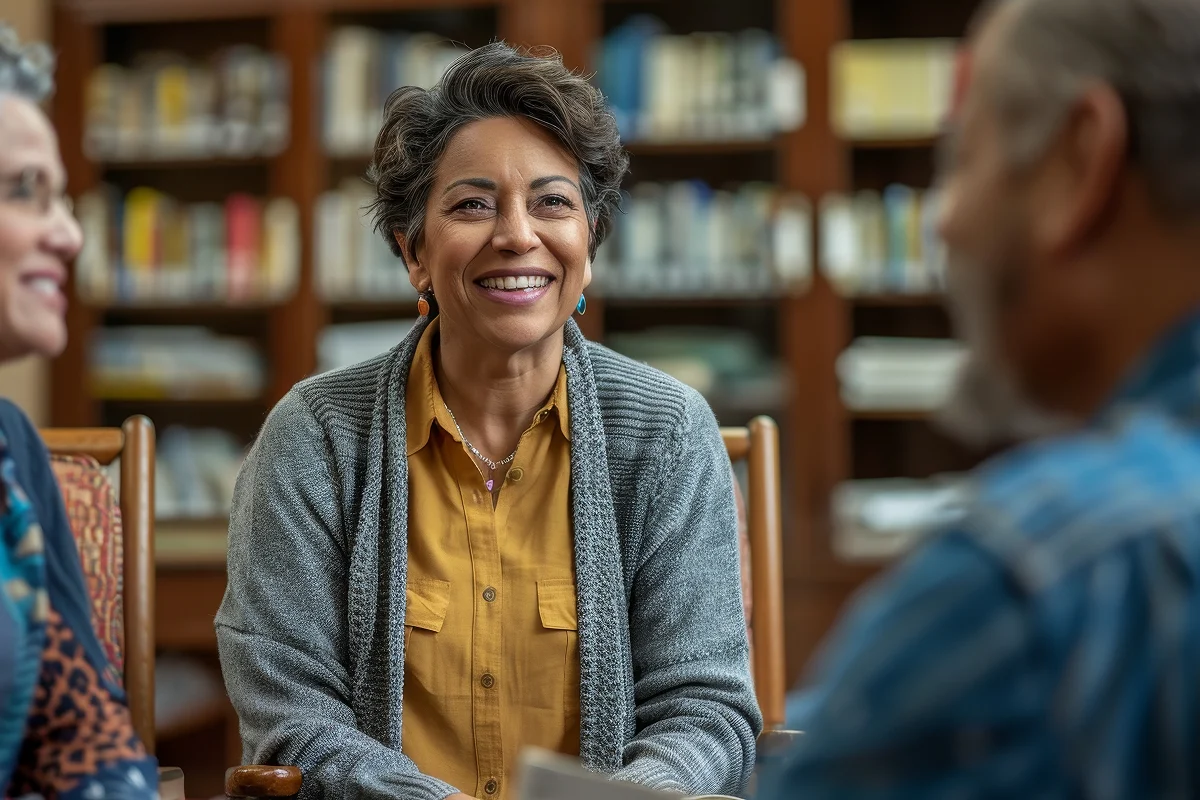 Community members in conversation during a facilitated discussion, reflecting LPC’s community-centered evaluation and engagement approach.