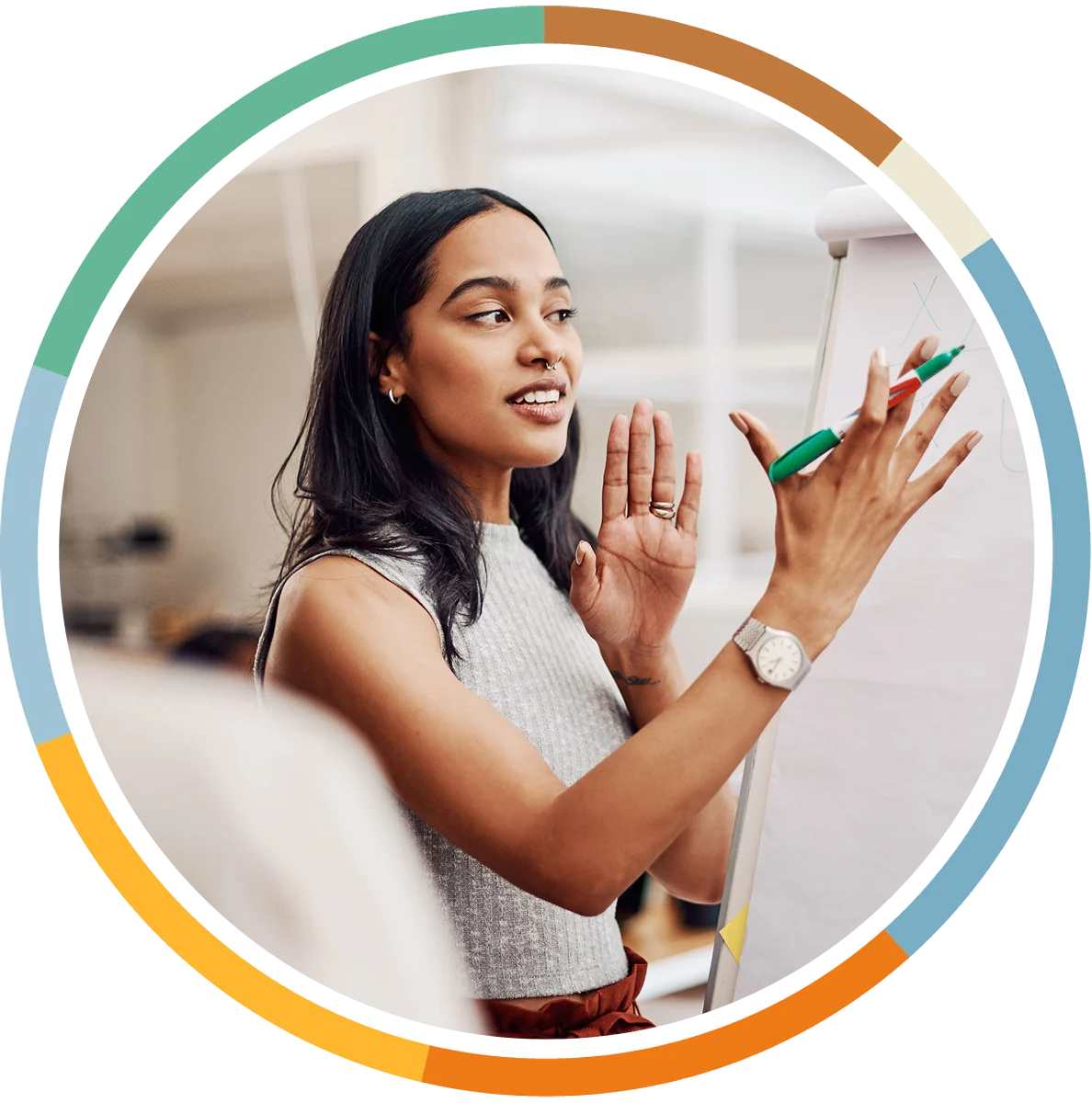 Business woman holding sharpie and working at a whiteboard during a group workshop